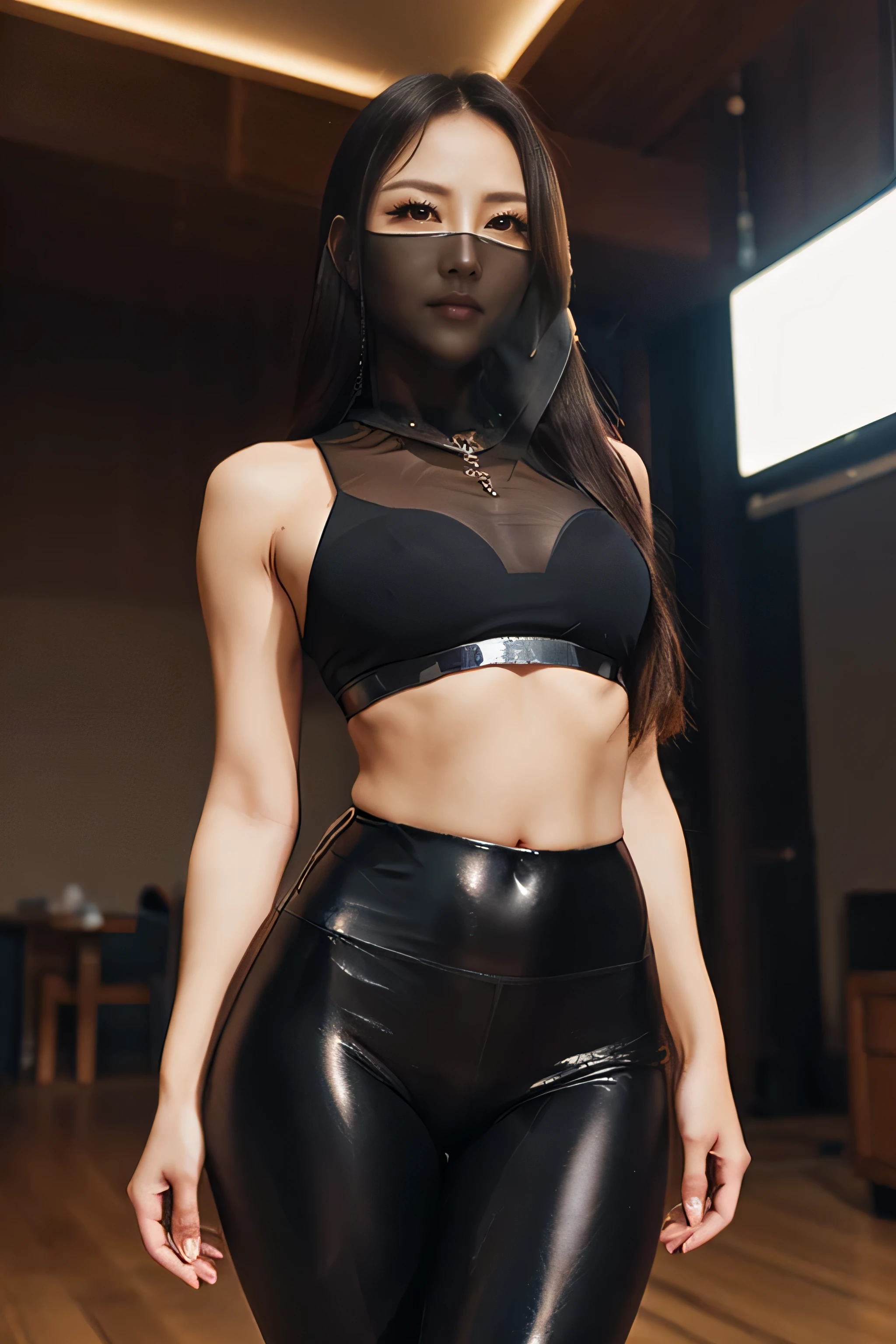 (Age 45, Mature) (Beautiful Korean woman, long, long_hair), masterpiece, wearing face veil and black shiny leggings and a midriff, (thigh thigh gap 1.1), hourglass_figure, detailed facial features, detailed, symmetry, cinematic lighting, soft lighting 