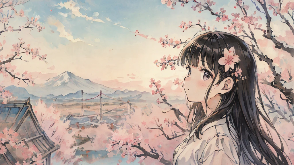 highest quality, masterpiece, very detailed, detailed background, anime, girl1, Young girl, girl, SF, cherry blossoms, outdoor, morning, greenhouse, giant structure, Wind view, scenery, horizon, look up at the sky, Wind, avert your eyes, atmosphere lighting, focus only, close, From the side, Depth of written boundary,black hair,detailed face