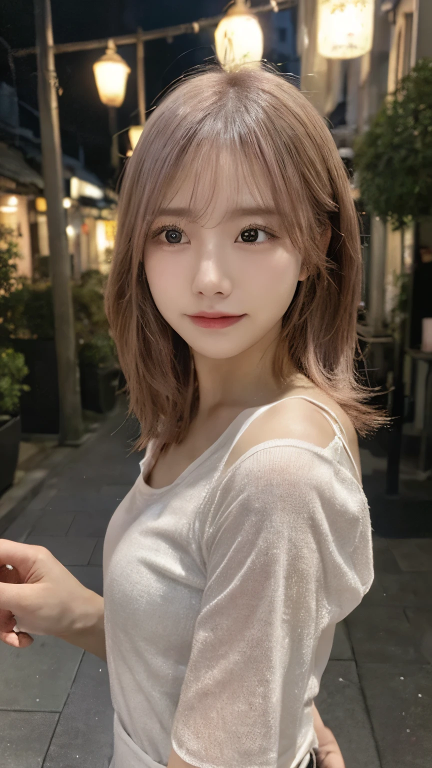 (highest quality,masterpiece:1.3,超A high resolution,),(Very detailed,Caustics),(Photorealistic:1.4,RAW shooting,)Ultra-Realistic Capture,Very detailed,High resolution 16K for human skin、 Natural skin texture、、Skin tone is even and healthy looking、 Use natural light and color,One Woman,Japanese,,cute,Pink,Middle Hair,(Written boundary depth、chromatic aberration、、Wide range of lighting、Natural Shading、)、(Outdoor lighting at night:1.4)、(Hair swaying in the wind:1)、short hair、(Exposure:3.0)、Sheer white shirt、Inside the cafe、coffee