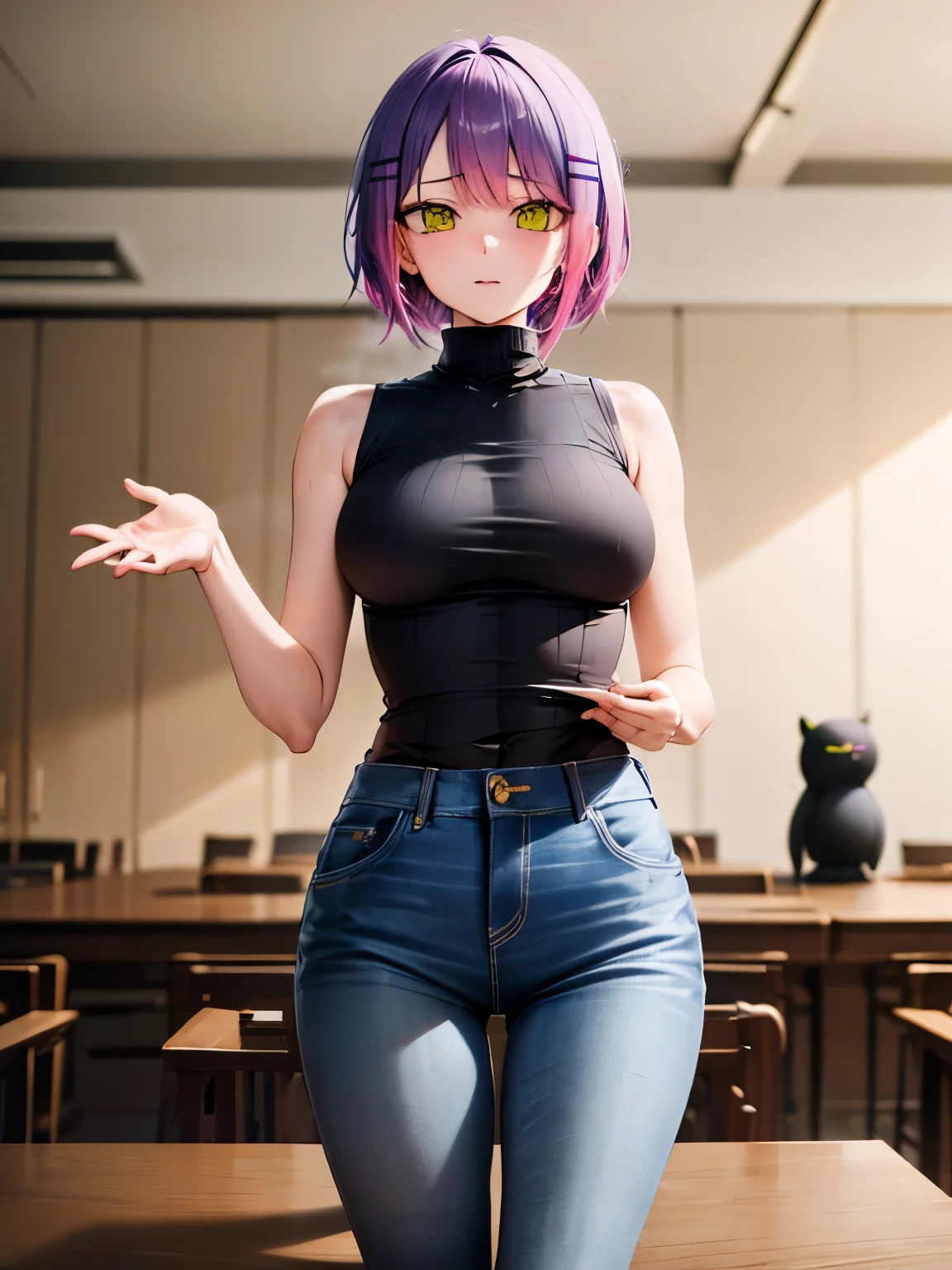 NSFW,Hololive,Towa Tokoyami,Short Hair,Married Woman,Turtleneck sweater,Sleeveless,jeans,(Perfect hands),(Perfect Anatomy),(masterpiece),(highest quality),Home,dining,table