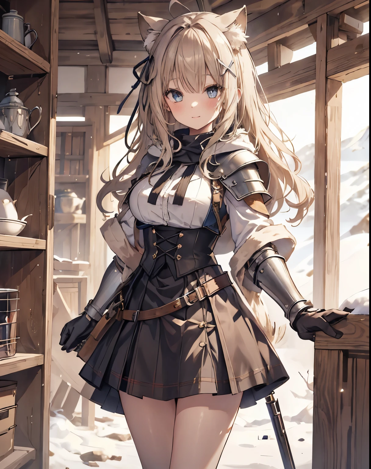 masterpiece,1girl, sparrow, a blonde haired girl, wearing a medieval european villager clothes, curly long hair, messy hair, black skirt, short white capelet with furry hoody, slim body, big breasts, she close her left eye, shirt ornament, ****ppai, hair ribbon, lovely smile, beautiful breasts, rounded breasts, crimson eyes, flared skirt, plaid skirt, she stands in the snow field, shiroko \(blue archive\, cat ears, armor