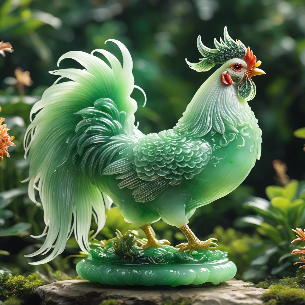 best quality, very good, 16K, ridiculous, Extremely detailed, Gorgeous cock,Made of translucent jadeite, Background grassland((A masterpiece full of fantasy elements))), ((best quality)), ((Intricate details))(8k)