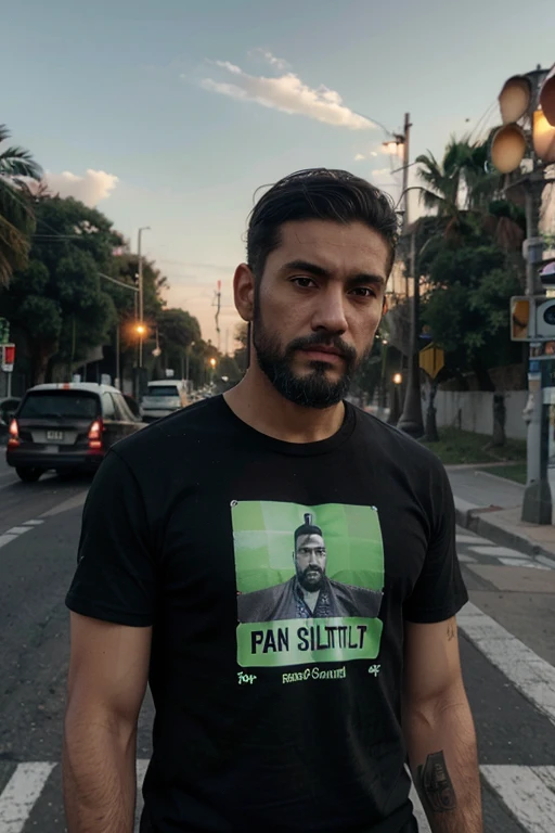 Hombre latino de mediana edad con cabeza rapada, closed beard and black t-shirt with traffic light at stop sign 