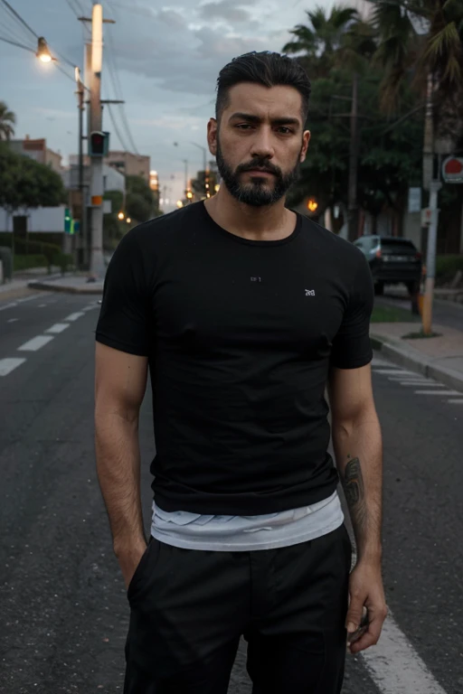 Hombre latino de mediana edad con cabeza rapada, closed beard and black t-shirt with traffic light at stop sign 
