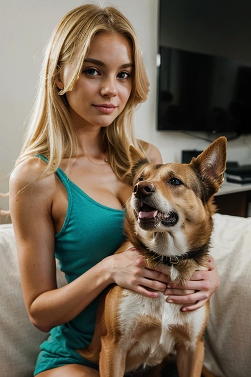 Real blonde girl with a dog