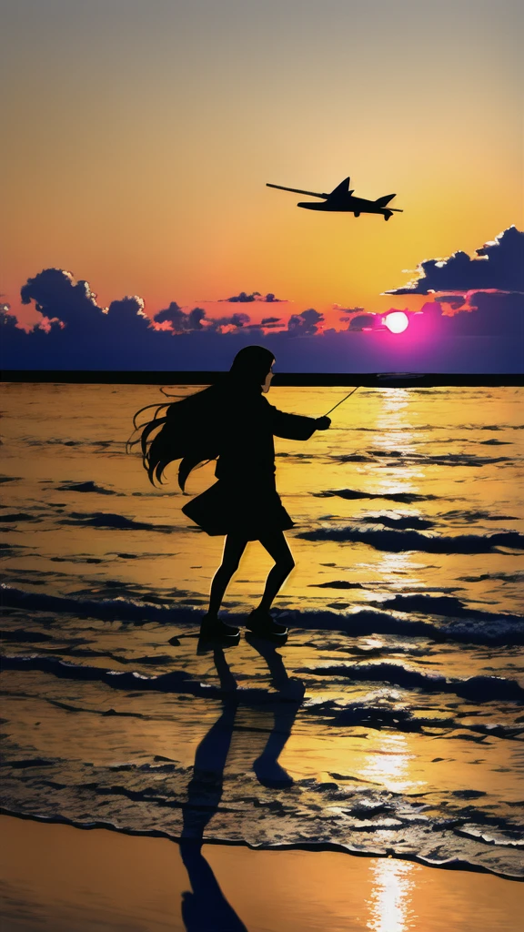 The light of the setting sun reflects fantastically from the seaside and scatters、Flying lights,Silhouette of a girl walking, ((Long Shadows))