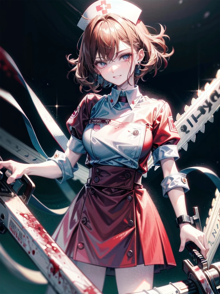 blood, blood splatter, blood on clothes, blood stain, hospital, ((nurse uniform)), holding Chainsaw machine, absurdres, RAW photo, extremely delicate and beautiful, masterpiece, Best Quality, ultra high resolution, 32k, hyperrealistic, ultra-detailed, detailed description, pale skin, 20 years old, tearful mole, earring, Colossal tits, short medium hair, wavy hair, evil grin, full body shot,