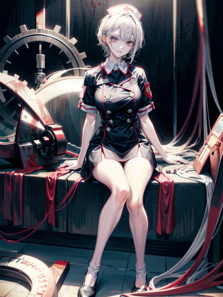 blood, blood splatter, blood on clothes, blood stain, hospital, ((nurse uniform)), holding Chainsaw machine, absurdres, RAW photo, extremely delicate and beautiful, masterpiece, Best Quality, ultra high resolution, 32k, hyperrealistic, ultra-detailed, detailed description, pale skin, 20 years old, tearful mole, earring, Colossal tits, short medium hair, wavy hair, evil grin, full body shot,