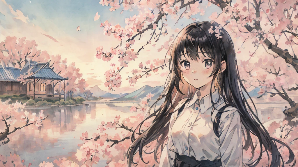 highest quality, masterpiece, very detailed, detailed background, anime, girl1, Young girl, girl, SF, cherry blossoms, outdoor, morning, greenhouse, giant structure, Wind view, scenery, horizon, look up at the sky, Wind, avert your eyes, atmosphere lighting, focus only, close, From the side, Depth of written boundary,black hair,detailed face