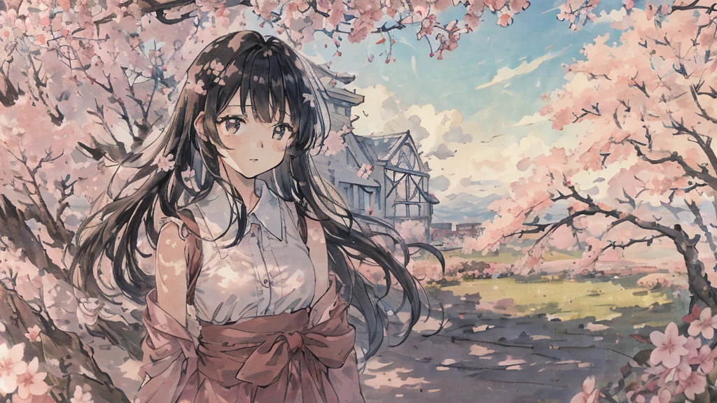 highest quality, masterpiece, very detailed, detailed background, anime, girl1, Young girl, girl, SF, cherry blossoms, outdoor, morning, greenhouse, giant structure, Wind view, scenery, horizon, look up at the sky, Wind, avert your eyes, atmosphere lighting, focus only, close, From the side, Depth of written boundary,black hair,detailed face