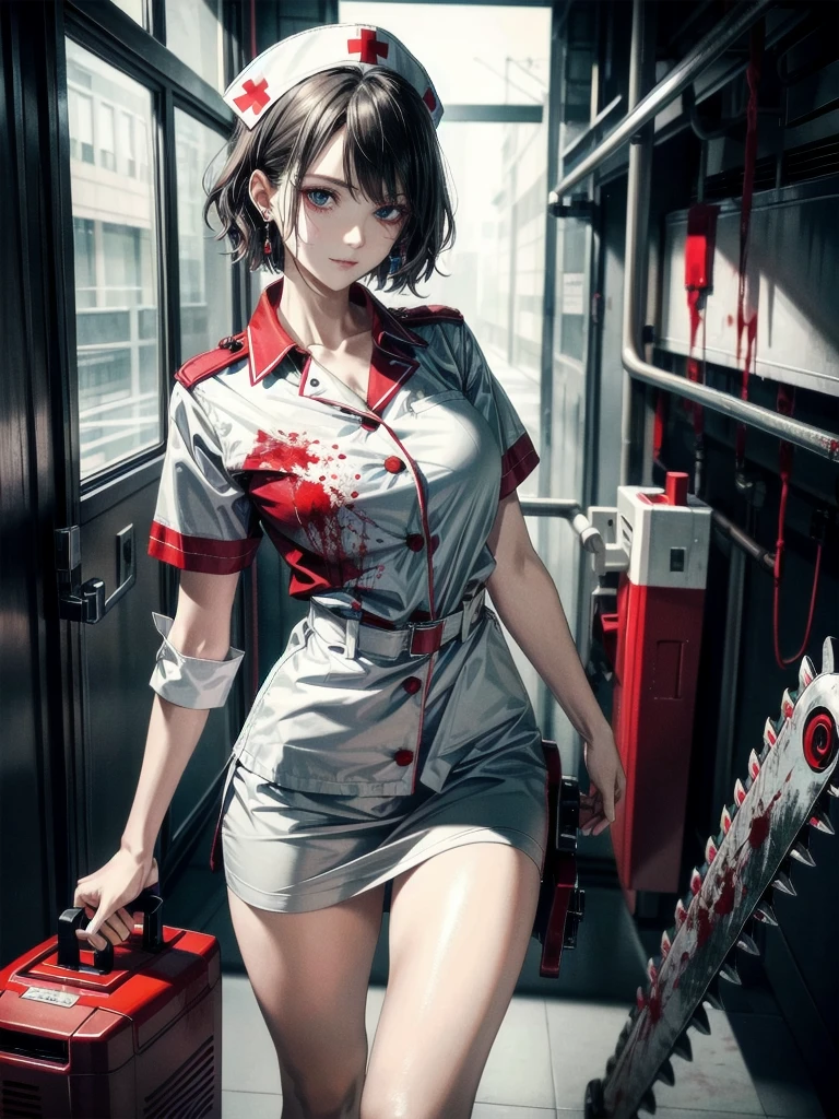 blood, blood splatter, blood on clothes, blood stain, hospital, ((nurse uniform)), holding Chainsaw machine, absurdres, RAW photo, extremely delicate and beautiful, masterpiece, Best Quality, ultra high resolution, 32k, hyperrealistic, ultra-detailed, detailed description, pale skin, 20 years old, tearful mole, earring, Colossal tits, short medium hair, wavy hair, evil grin, full body shot,