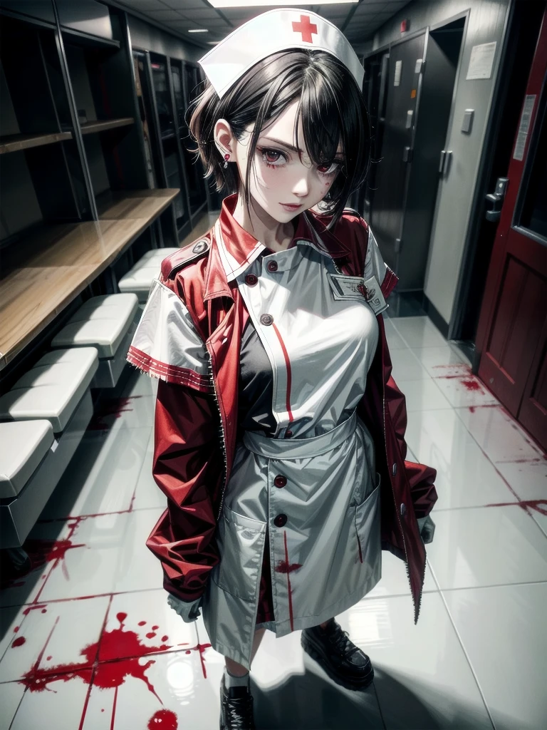 blood, blood splatter, blood on clothes, blood stain, hospital, ((nurse uniform)), holding Chainsaw machine, absurdres, RAW photo, extremely delicate and beautiful, masterpiece, Best Quality, ultra high resolution, 32k, hyperrealistic, ultra-detailed, detailed description, pale skin, 20 years old, tearful mole, earring, Colossal tits, short medium hair, wavy hair, evil grin, full body shot,