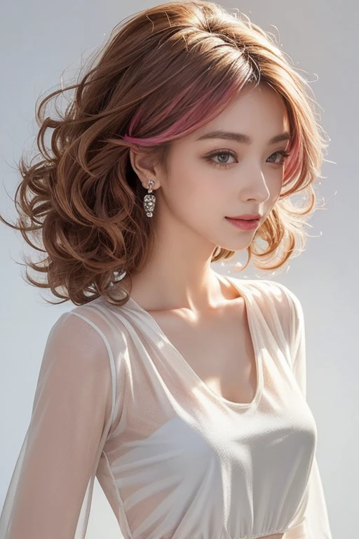 highest quality, Very detailed, masterpiece, 1 person,woman,(((完璧なwomanの体))),Very beautiful face, Very beautiful body,Gentle expression, Very beautiful eyes,(Perfect Makeup:1.1),Fashion Model,Curly Hair,Shaggy Hair,Fluorescent pink and blue hair:1.3, Very thin body,Smart Abs, Chiffon blouse,A kind smile,Upper body portrait,(White Background), (Shiny skin),(Earrings),