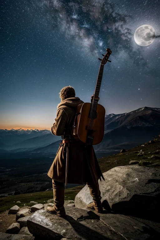 A druid in the circle of rocks under moonlight