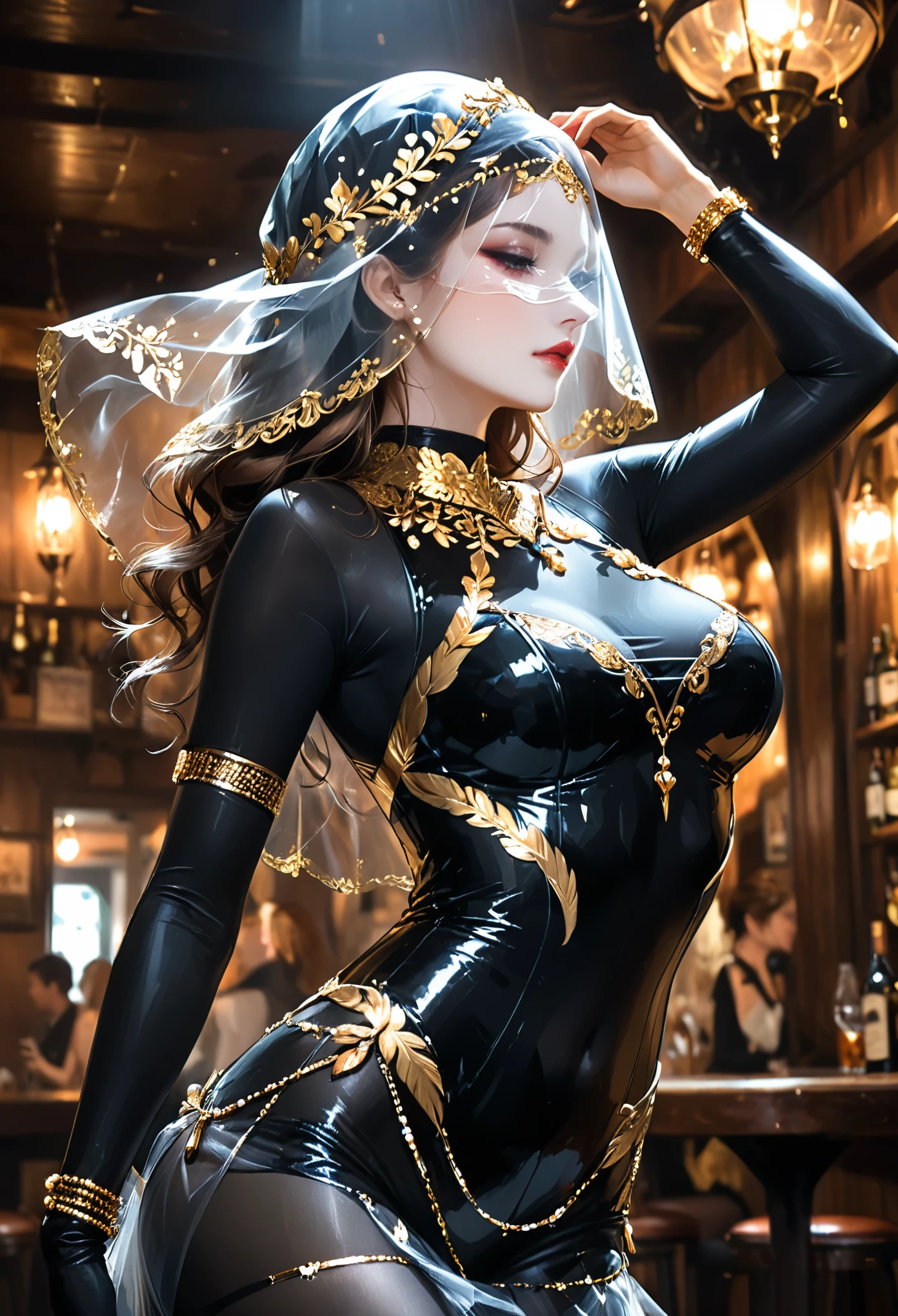 in style of Henry Asencio,1girl,pale_skin,old and shady tavern,gold bracelets,
golden swan lake suit,complex vests,dynamic_angle,waist chain,chest chain,chokers,(see though face veil:1.5),close-up,(cowboy_shot:1.4),from behind,dutch angle,(see though black bodysuit:1.4),hip-wrapping tulle skirt,jewelry,
(dancing:1.3),arm_above_head,