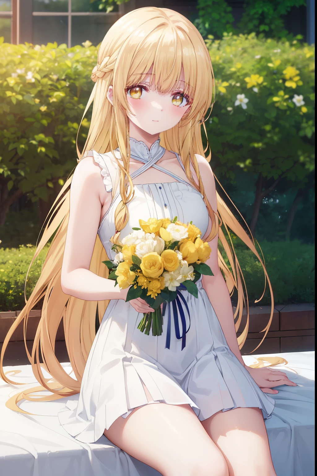 Mahiru shiina, , blonde, (Yellow Eyes:1.3)、Braided long hair,,blush,smile,Captivating thighs、Beautiful bare legs, Sideways armpit、Very cute short sleeve、A very beautiful flower garden、Holding a colorful bouquet💐
(masterpiece:1.2), highest quality, High resolution, unity 8k wallpaper, (shape:0.8), (Beautiful and beautiful eyes:1.6), Highly detailed face, Perfect lighting, Highly detailed CG, (Perfect hands, Perfect Anatomy),