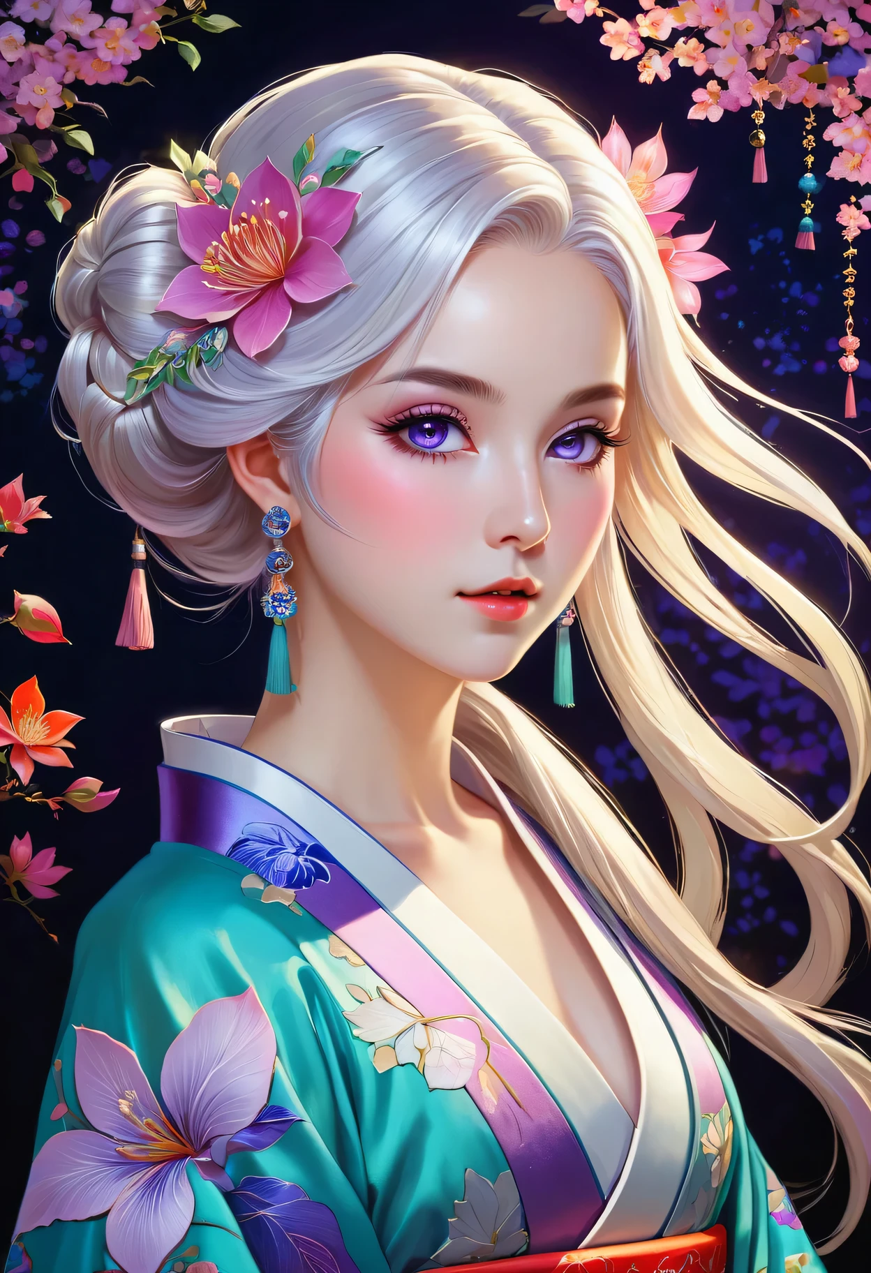 [（black background：1.5）：：0.25]，（hexagon：1.4），（Vivid colors：1.4）（Pop Art：1.4）、（Art Nouveau：1.1），night，Petals flutter，Moonlight，Elf girl with makeup，Wearing Kimono，Silver hair，Very long hair，Heterochromia of eyes，Violet eyes，（Pale complexion），Keep your mouth shut（masterpiece，quality，最佳quality，Official Art，Beauty and aesthetics：1.2），Very detailed，（Fractal Art：1.1），（Blooming flowers：1.3），（Tangle：1.2），（Dynamic poses），（Abstract Background：1.3），（Traditional Chinese embroidery fabrics：1.2）、（Skin Light）、（multiple colour：1.4）、（Ear nipple rings：1.4），（Decorative paintings：1.6，）、Light、Ink painting and ink painting，ink