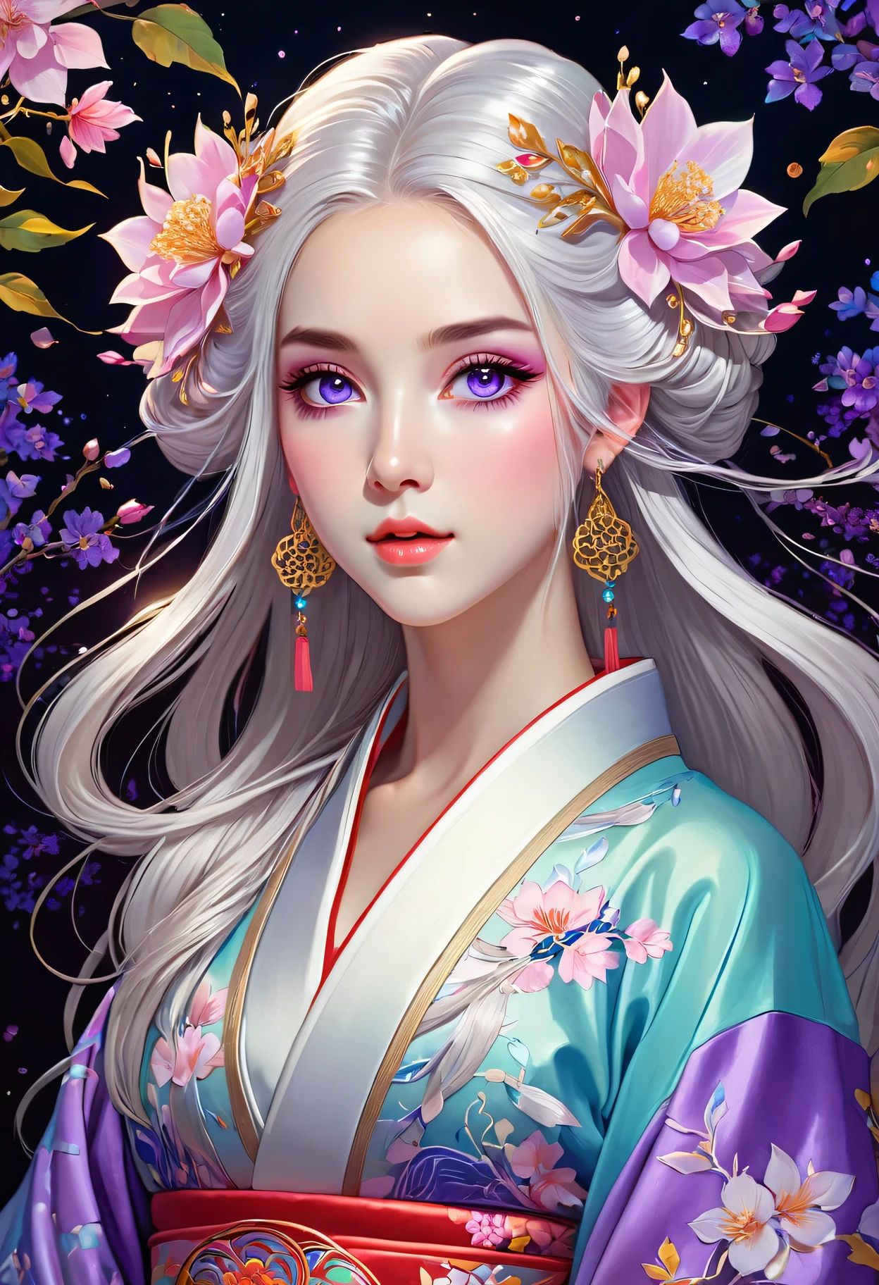 [（black background：1.5）：：0.25]，（hexagon：1.4），（Vivid colors：1.4）（Pop Art：1.4）、（Art Nouveau：1.1），night，Petals flutter，Moonlight，Elf girl with makeup，Wearing Kimono，Silver hair，Very long hair，Heterochromia of eyes，Violet eyes，（Pale complexion），Keep your mouth shut（masterpiece，quality，最佳quality，Official Art，Beauty and aesthetics：1.2），Very detailed，（Fractal Art：1.1），（Blooming flowers：1.3），（Tangle：1.2），（Dynamic poses），（Abstract Background：1.3），（Traditional Chinese embroidery fabrics：1.2）、（Skin Light）、（multiple colour：1.4）、（Ear nipple rings：1.4），（Decorative paintings：1.6，）、Light、Ink painting and ink painting，ink