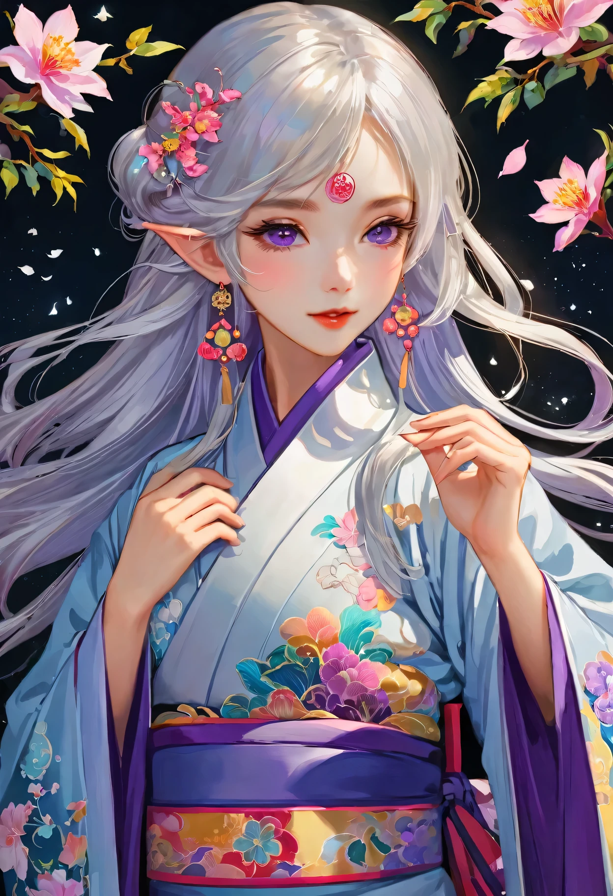 [（black background：1.5）：：0.25]，（hexagon：1.4），（Vivid colors：1.4）（Pop Art：1.4）、（Art Nouveau：1.1），night，Petals flutter，Moonlight，Elf girl with makeup，Wearing Kimono，Silver hair，Very long hair，Heterochromia of eyes，Violet eyes，（Pale complexion），Keep your mouth shut（masterpiece，quality，最佳quality，Official Art，Beauty and aesthetics：1.2），Very detailed，（Fractal Art：1.1），（Blooming flowers：1.3），（Tangle：1.2），（Dynamic poses），（Abstract Background：1.3），（Traditional Chinese embroidery fabrics：1.2）、（Skin Light）、（multiple colour：1.4）、（Ear nipple rings：1.4），（Decorative paintings：1.6，）、Light、Ink painting and ink painting，ink
