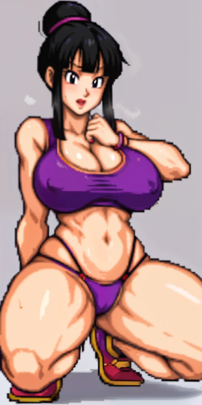 chichi_dbz, pixelart, pixel art, red bimbo lips, beautiful eyes, in home, doing squats, spread legs apart, purple eyes, standing, solo, (wearing white tanktop), (wearing grey sweatpants), (modest clothing), large breasts, massive , cleavage, black thong, nipples, 2nipples, wet body, sweaty body, masterpiece, best quality, detailed face, detailed eyes, highres, big breasts, biggest behind, areola, big ass, thick thighs, wide hips, (black tight_thong), showing ass, perfect body, perfect clothing, perfect anatomy, (doing squats), fully clothed,
