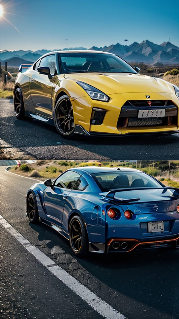 Retro Wave. city, Nissan gtr 2024, Yellow wide body kit, road, blue neon monitor light, sun, mountain, (Masterpiece, details, High resolution),