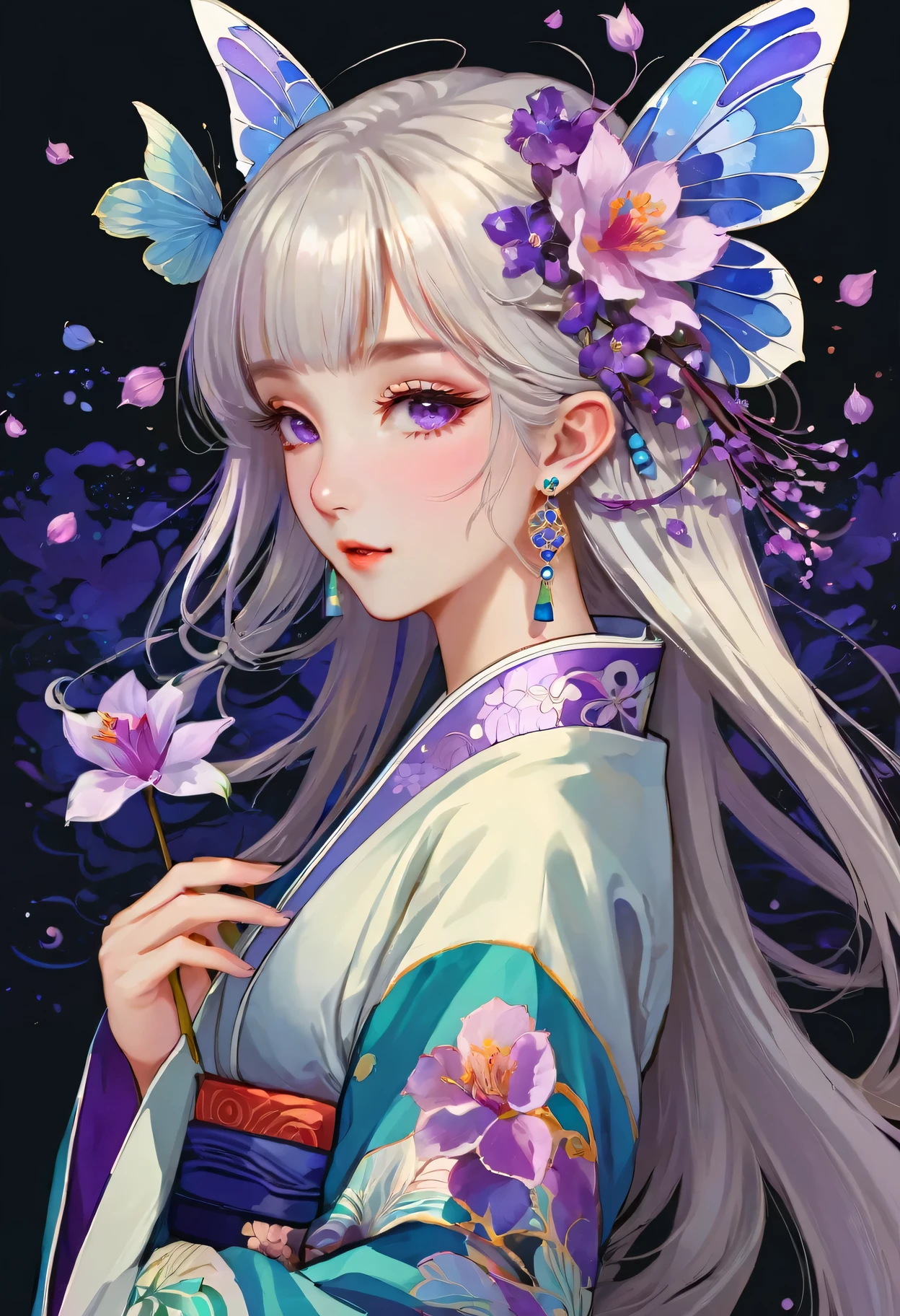 [（black background：1.5）：：0.25]，（hexagon：1.4），（Vivid colors：1.4）（Pop Art：1.4）、（Art Nouveau：1.1），night，Petals flutter，Moonlight，Elf girl with makeup，Wearing Kimono，Silver hair，Very long hair，Heterochromia of eyes，Violet eyes，（Pale complexion），Keep your mouth shut（masterpiece，quality，最佳quality，Official Art，Beauty and aesthetics：1.2），Very detailed，（Fractal Art：1.1），（Blooming flowers：1.3），（Tangle：1.2），（Dynamic poses），（Abstract Background：1.3），（Traditional Chinese embroidery fabrics：1.2）、（Skin Light）、（multiple colour：1.4）、（Ear nipple rings：1.4），（Decorative paintings：1.6，）、Light、Ink painting and ink painting，ink