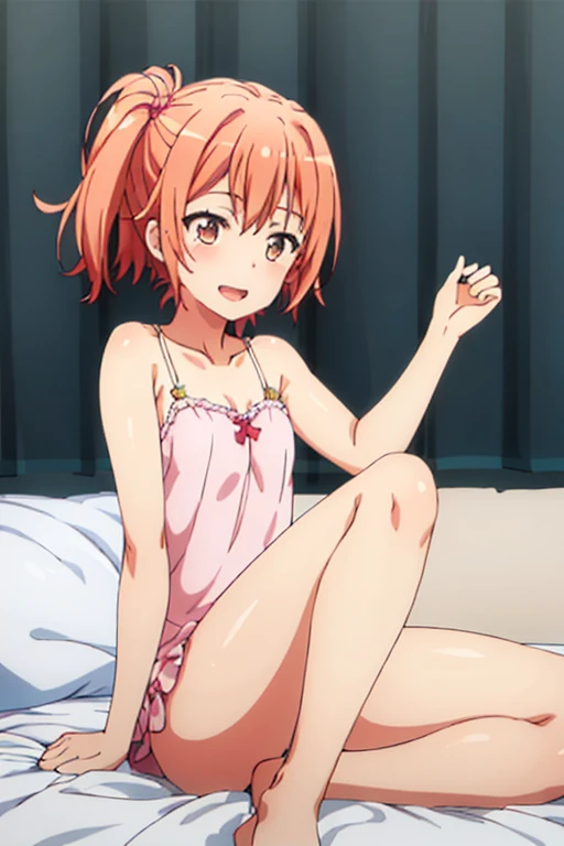 ((highest quality)), ((masterpiece)), (be familiar with), Perfect Face, indoor, Bedroom, Watching the audience,
One woman, Yuigahama Yui,
Open Mouth, Ecstatic expression, blush, smile,
Small breasts, Flat Chest, Young Girl, , , Girl,
Short Hair, Salmon-colored hair, Salmon-colored eyes, Side Pony,
Leg spread,