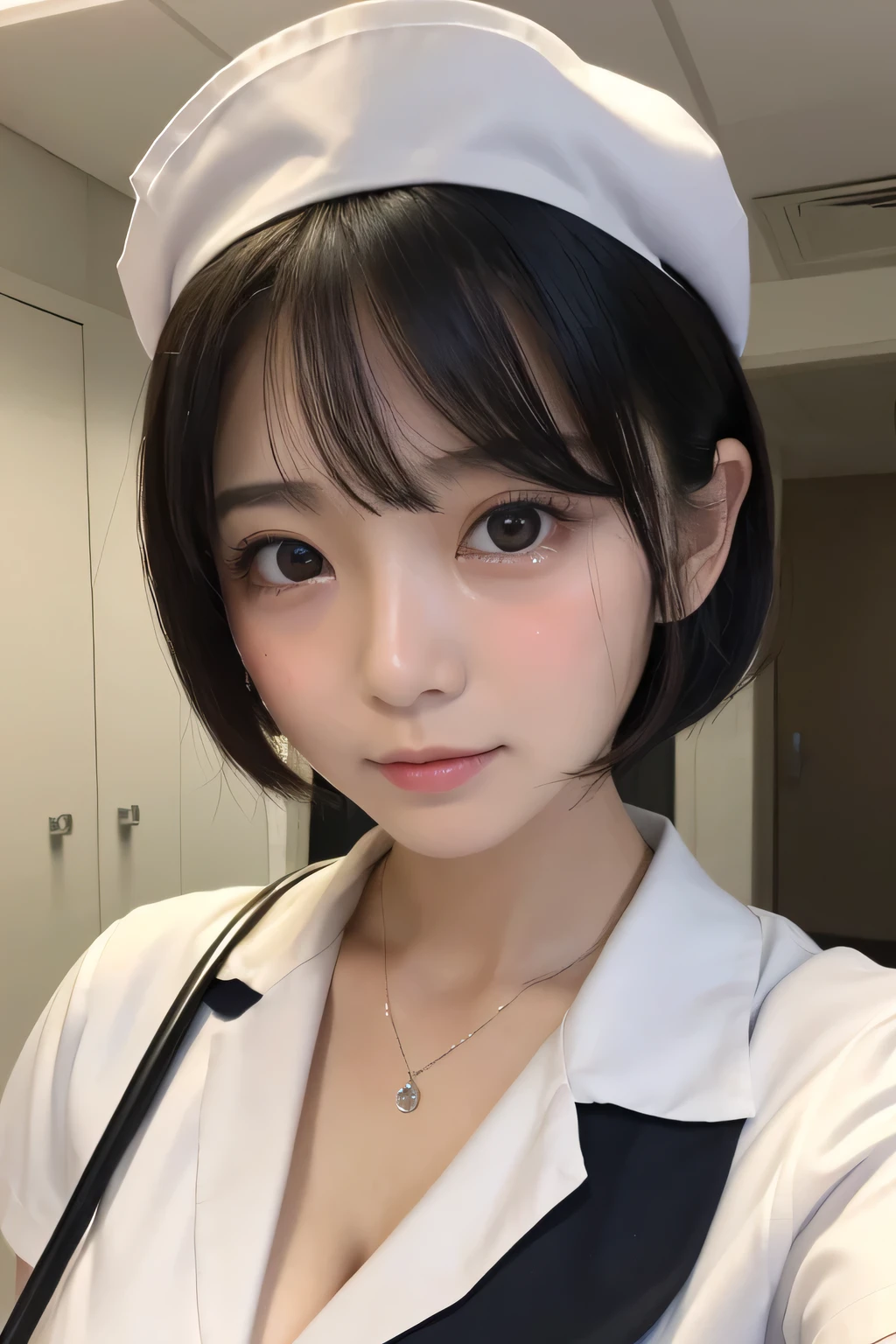 (1 Girl)、(Beautiful Japanese、18years old,round face、Refreshing、clear、seems kind、stylish、Pitiful、cute like an angel、cute、black eyes、,actress,Almond-shaped eyes), Good style , (Beautiful big breasts:1.2),(soft breasts),(very cute),(Black hair),(short bob hair),(enchanting eyes),(highlight on eyes:1.2)、(8K、Live shooting、highest quality、masterpiece:1.2、optimal lighting)、((masterpiece)),(Photo taken by a professional photographer),(real、photo real:1.4),break,{ (White nurse costume),(((taraditional nurse uniform))),,{(White nurse tight pants)},(cleavage:1.2)},( Are crying:1.4),(tears:1.4))(cheeks are red:1.2), break, break,Hospital,Face shot:1.3、Hospital room、Looking at viewer:1.6, face close-up,Looking up