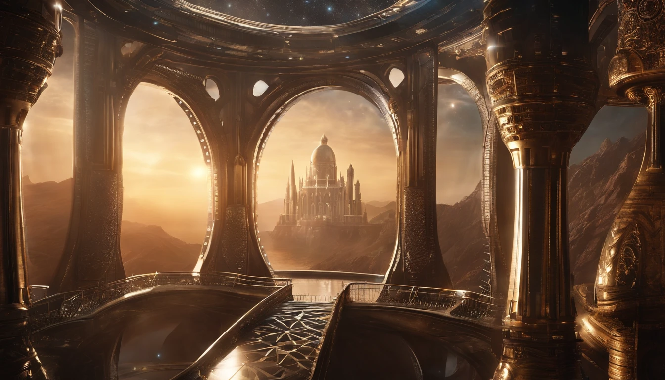 An awe-inspiring interstellar scene of a massive, high-tech floating castle that combines elements of the Middle Ages, Babylon 5, Deep Space 9, and Andromeda Ascendent. The castle features towering spires, ornate designs, and advanced futuristic technology. Enclosed within a protective bubble, it orbits a distant planet, creating a breathtaking sight in the vastness of space. The space station's inhabitants are on an epic interstellar voyage, exploring the cosmos and seeking new adventures.