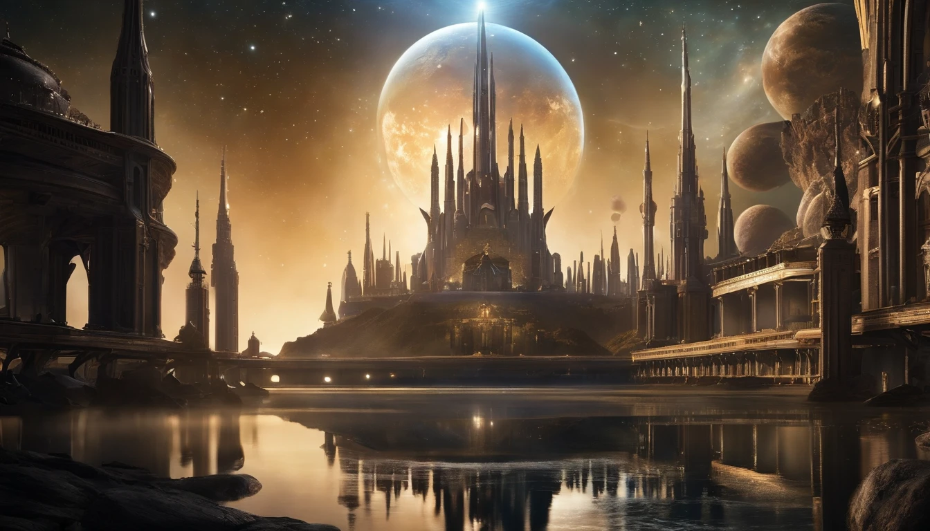 An awe-inspiring interstellar scene of a massive, high-tech floating castle that combines elements of the Middle Ages, Babylon 5, Deep Space 9, and Andromeda Ascendent. The castle features towering spires, ornate designs, and advanced futuristic technology. Enclosed within a protective bubble, it orbits a distant planet, creating a breathtaking sight in the vastness of space. The space station's inhabitants are on an epic interstellar voyage, exploring the cosmos and seeking new adventures.