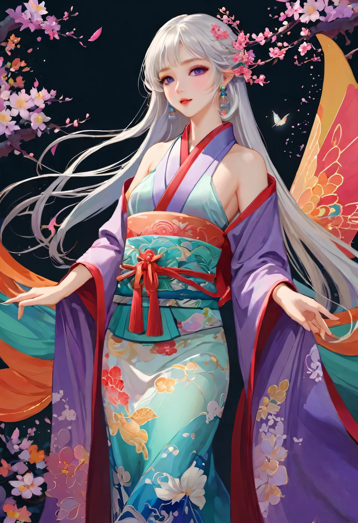 [（black background：1.5）：：0.25]，（hexagon：1.4），（Vivid colors：1.4）（Pop Art：1.4）、（Art Nouveau：1.1），night，Petals flutter，Moonlight，Elf girl with makeup，Wearing Kimono，Silver hair，Very long hair，Heterochromia of eyes，Violet eyes，（Pale complexion），Keep your mouth shut（masterpiece，quality，最佳quality，Official Art，Beauty and aesthetics：1.2），Very detailed，（Fractal Art：1.1），（Blooming flowers：1.3），（Tangle：1.2），（Dynamic poses），（Abstract Background：1.3），（Traditional Chinese embroidery fabrics：1.2）、（Skin Light）、（multiple colour：1.4）、（Ear nipple rings：1.4），（Decorative paintings：1.6，）、Light、Ink painting and ink painting，ink