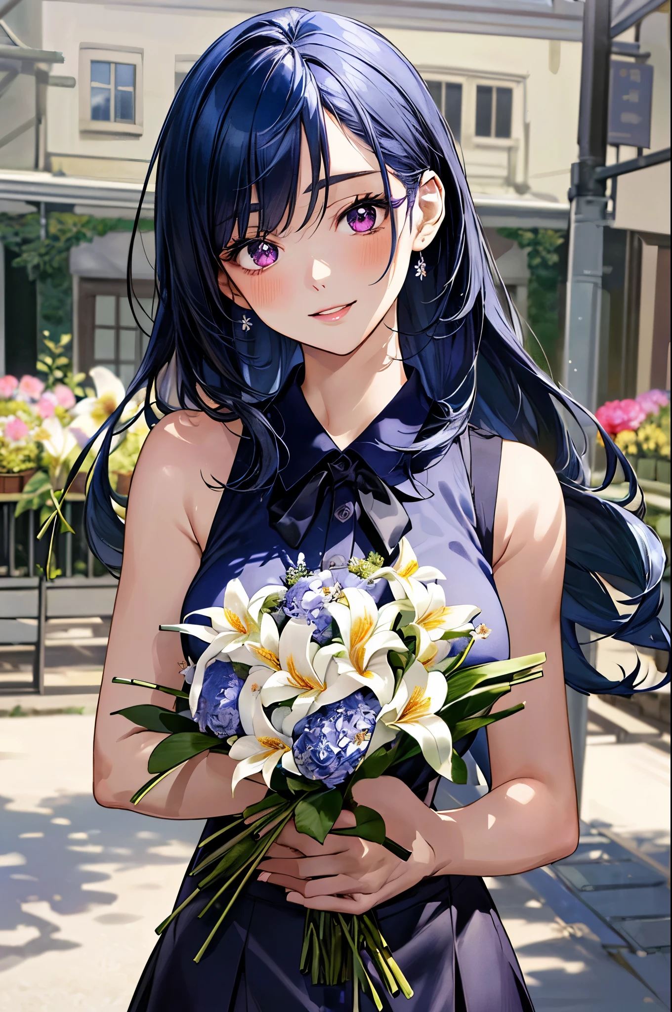 (masterpiece:1.3, top-quality, ultra high res, ultra detailed), (realistic, photorealistic:1.2), beautiful illustration, perfect lighting, natural lighting, colorful, depth of fields, ,
beautiful detailed hair, beautiful detailed face, beautiful detailed eyes, beautiful clavicle, beautiful body, beautiful chest, beautiful thigh, beautiful legs, beautiful fingers, shiny skin,
looking at viewer, 1 girl, japanese, 22 years old, (perfect anatomy, anatomically correct, super detailed skin), cute and symmetrical face, face, perfect face, perfect eyes, perfect fingers,
(middle hair, straight hair, hair slicked back:1.6, blue hair), parted bangs, dark purple eyes, big eyes, drooping eyes, long eyelashes, faint lips, (large breasts, seductive thighs), outstanding style,
(detailed cloth texture, break, navy blue and white sleeveless collared polo shirt, dark maroon tight skirt, black apron), break,
(beautiful scenery), ((behind flower shop:1.5)), standing, ((hold a big bouquet:1.2)), (lovely smile, parted lips),