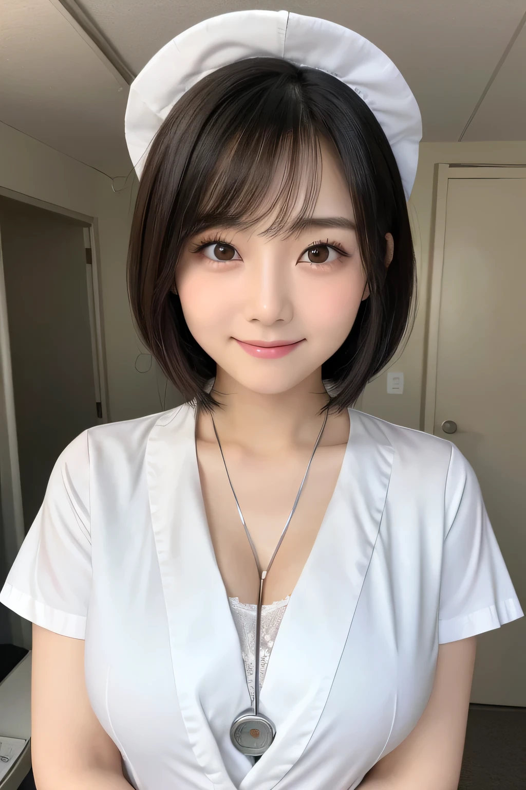 (1 Girl)、(Beautiful Japanese、18years old,round face、Refreshing、clear、seems kind、stylish、Pitiful、cute like an angel、cute、black eyes、,actress,Almond-shaped eyes), Good style , (Beautiful big breasts:1.2),(soft breasts),(very cute),(Black hair),(short bob hair),(enchanting eyes),(highlight on eyes:1.2)、(8K、Live shooting、highest quality、masterpiece:1.2、optimal lighting)、((masterpiece)),(Photo taken by a professional photographer),(real、photo real:1.4),break,{ (White nurse costume),(((taraditional nurse uniform))),,{(White nurse tight pants)},(cleavage:1.2)},( Smile:1.4),(tears:1.4))(cheeks are red:1.2), break, break,Hospital,Face shot:1.3、Hospital room、Looking at viewer:1.6, face close-up,Looking up