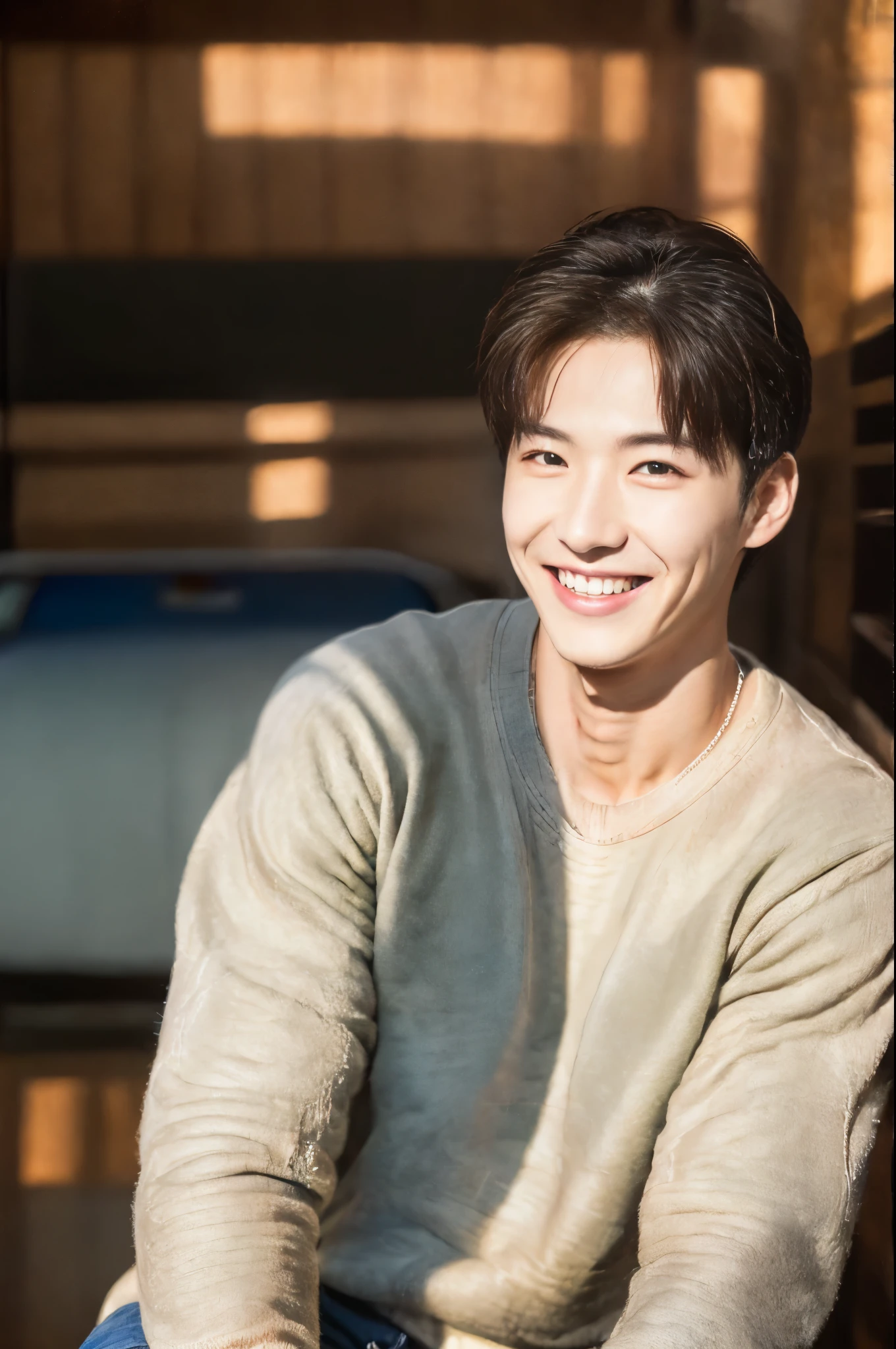 super high quality, Slender, The staff is working at the counter in the back., (8k、RAW Photos、highest quality、masterpiece:1.2), (Realistic、Photorealistic:1.37), Beautiful Face , Mesh Hair, Golden Ratio, Raw photo, musician, Light Brown Hair, Blurred Background, Spring Clothes, Cafe with a calm atmosphere, Well-designed furniture, Handsome S-class boys, Super cool S-class boys, Handsome guy, Loose Palmer, Beautiful hairstyle, White Shirt, A kind smile, 30 years old, 
