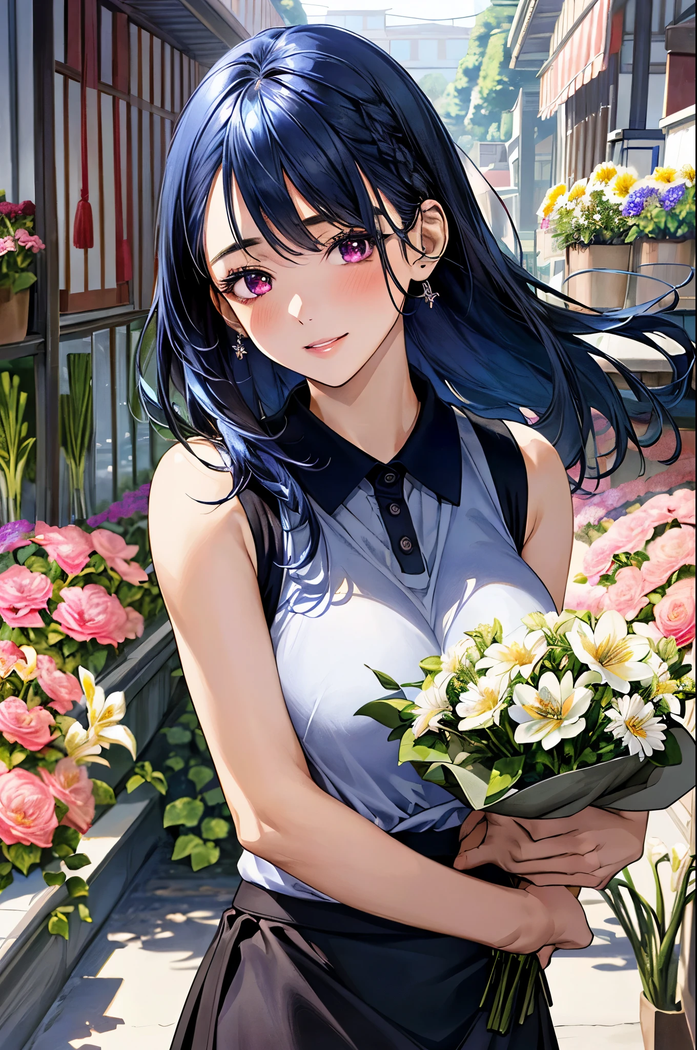 (masterpiece:1.3, top-quality, ultra high res, ultra detailed), (realistic, photorealistic:1.2), beautiful illustration, perfect lighting, natural lighting, colorful, depth of fields, ,
beautiful detailed hair, beautiful detailed face, beautiful detailed eyes, beautiful clavicle, beautiful body, beautiful chest, beautiful thigh, beautiful legs, beautiful fingers, shiny skin,
looking at viewer, 1 girl, japanese, 22 years old, (perfect anatomy, anatomically correct, super detailed skin), cute and symmetrical face, face, perfect face, perfect eyes, perfect fingers,
(middle hair, straight hair, hair slicked back:1.6, blue hair), parted bangs, dark purple eyes, big eyes, drooping eyes, long eyelashes, faint lips, (large breasts, seductive thighs), outstanding style,
(detailed cloth texture, break, navy blue and white sleeveless collared polo shirt, dark maroon tight skirt, black apron), break,
(beautiful scenery), ((behind flower shop:1.5)), standing, ((hold a big bouquet:1.2)), (lovely smile, parted lips),