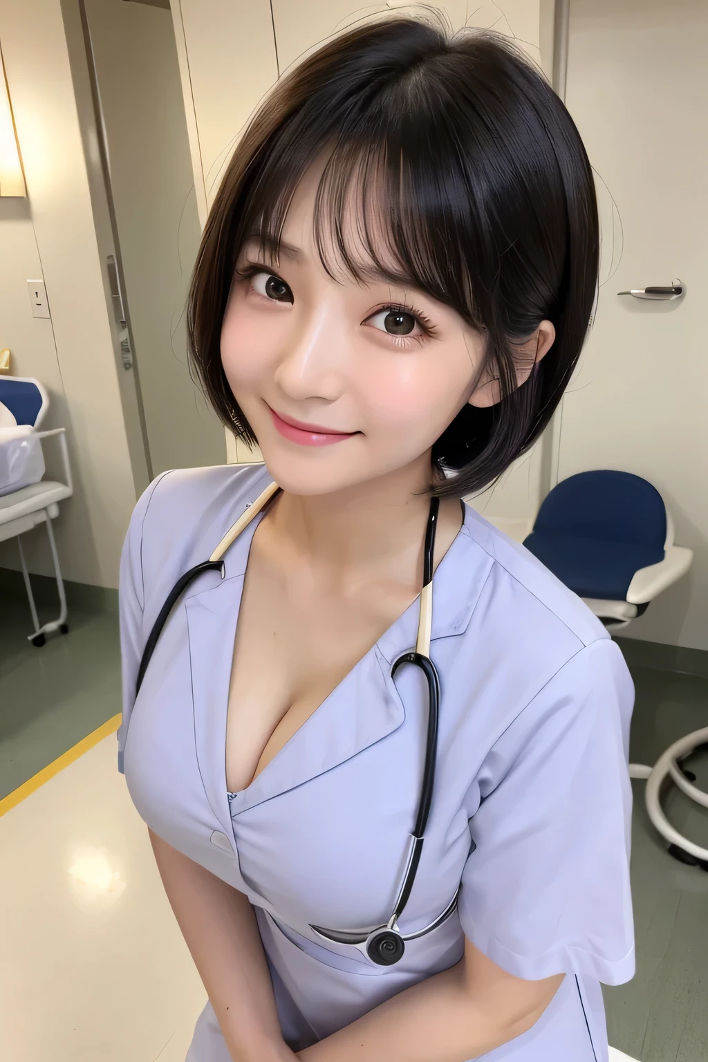 (1 Girl)、(Beautiful Japanese、18years old,round face、Refreshing、clear、seems kind、stylish、Pitiful、cute like an angel、cute、black eyes、,actress,Almond-shaped eyes), Good style , (Beautiful big breasts:1.2),(soft breasts),(very cute),(Black hair),(short bob hair),(enchanting eyes),(highlight on eyes:1.2)、(8K、Live shooting、highest quality、masterpiece:1.2、optimal lighting)、((masterpiece)),(Photo taken by a professional photographer),(real、photo real:1.4),break,{ (White nurse costume),(((taraditional nurse uniform))),,{(White nurse tight pants)},(cleavage:1.2)},( Smile:1.4),(tears:1.4))(cheeks are red:1.2), break, break,Hospital,Face shot:1.3、Hospital room、Looking at viewer:1.6, face close-up,Looking up