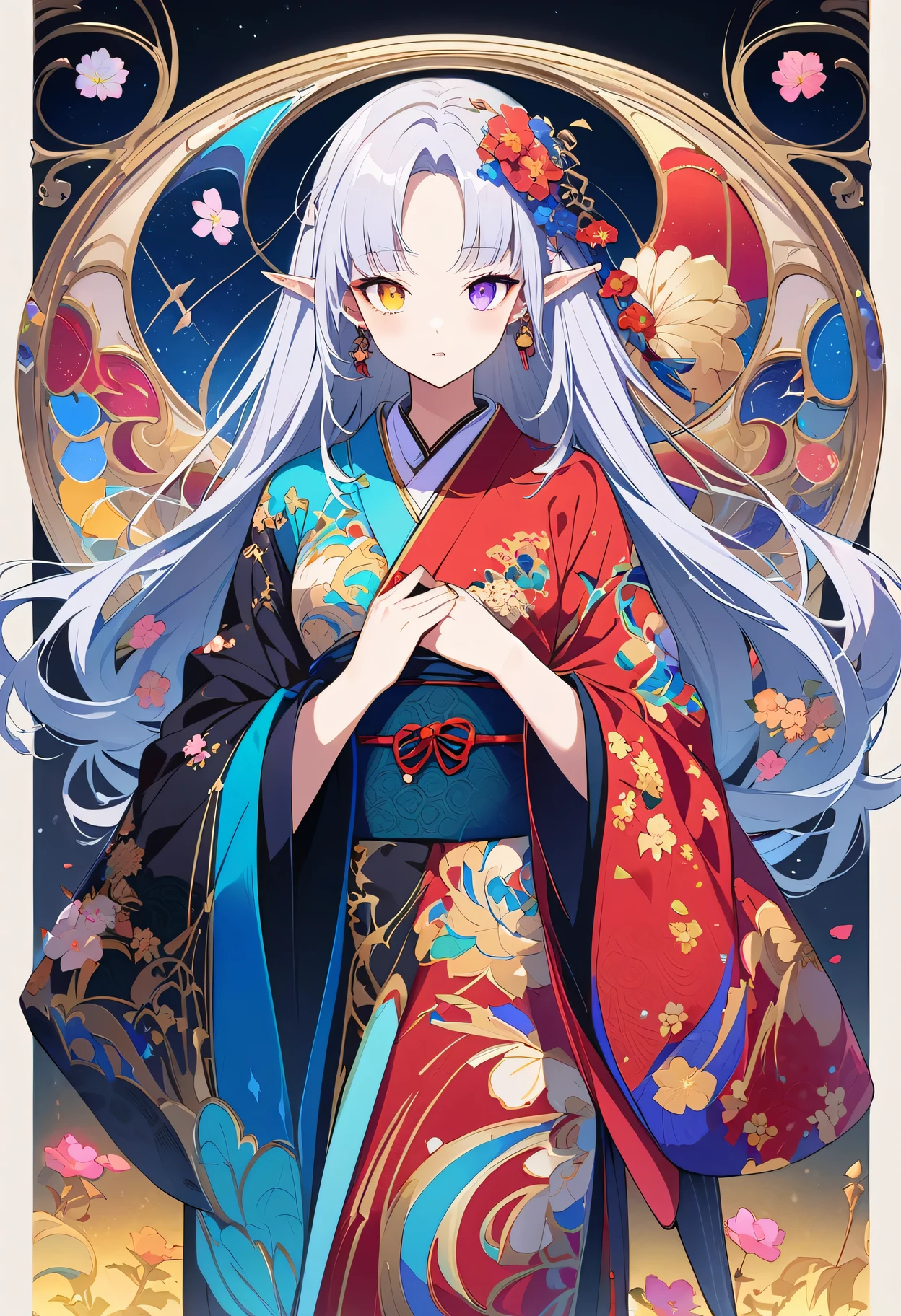 [（black background：1.5）：：0.25]，（hexagon：1.4），（Vivid colors：1.4）（Pop Art：1.4）、（Art Nouveau：1.1），night，Petals flutter，Moonlight，Elf girl with makeup，Wearing Kimono，Silver hair，Very long hair，Heterochromia of eyes，Violet eyes，（Pale complexion），Keep your mouth shut（masterpiece，quality，最佳quality，Official Art，Beauty and aesthetics：1.2），Very detailed，（Fractal Art：1.1），（Blooming flowers：1.3），（Tangle：1.2），（Dynamic poses），（Abstract Background：1.3），（Traditional Chinese embroidery fabrics：1.2）、（Skin Light）、（multiple colour：1.4）、（Ear nipple rings：1.4），（Decorative paintings：1.6，）、Light、Ink painting and ink painting，ink