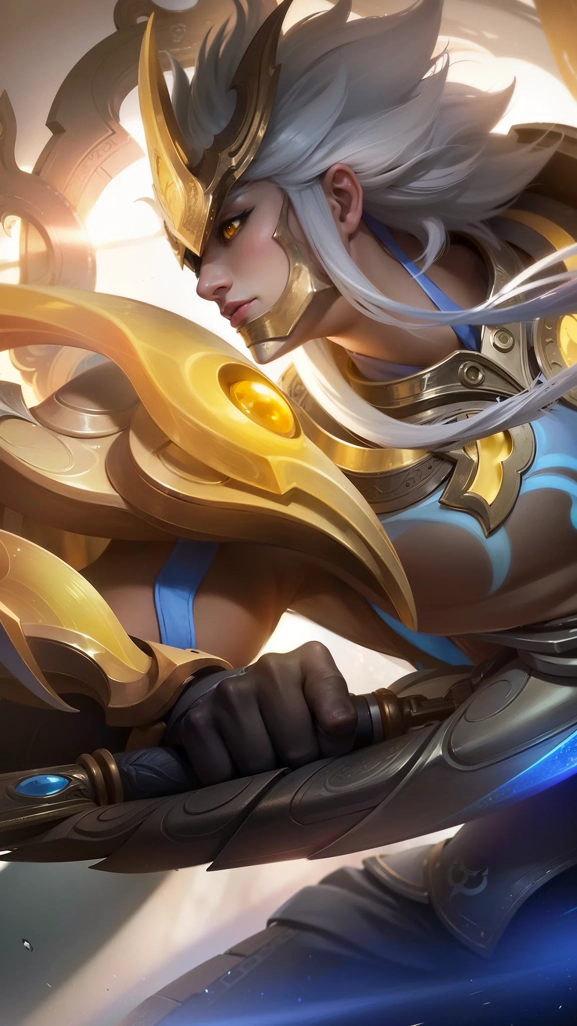 a close up of a person holding a sword in a sky, heise jinyao, splash art, inspired by Huang Shen, ashe, by Yang J, ig model | artgerm, artgerm detailed, sun wukong, mobile legends, extremely detailed artgerm, official splash art, sylas, ne zha from smite, wukong, light yellow eyes, glare.