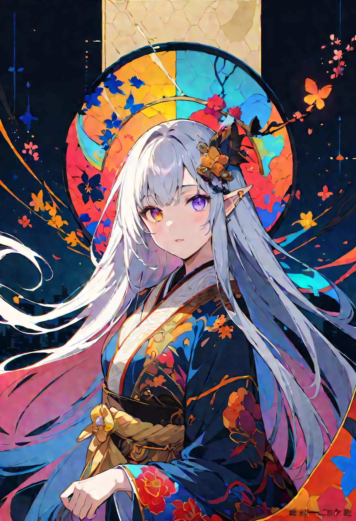 [（black background：1.5）：：0.25]，（hexagon：1.4），（Vivid colors：1.4）（Pop Art：1.4）、（Art Nouveau：1.1），night，Petals flutter，Moonlight，Elf girl with makeup，Wearing Kimono，Silver hair，Very long hair，Heterochromia of eyes，Violet eyes，（Pale complexion），Keep your mouth shut（masterpiece，quality，最佳quality，Official Art，Beauty and aesthetics：1.2），Very detailed，（Fractal Art：1.1），（Blooming flowers：1.3），（Tangle：1.2），（Dynamic poses），（Abstract Background：1.3），（Traditional Chinese embroidery fabrics：1.2）、（Skin Light）、（multiple colour：1.4）、（Ear nipple rings：1.4），（Decorative paintings：1.6，）、Light、Ink painting and ink painting，ink