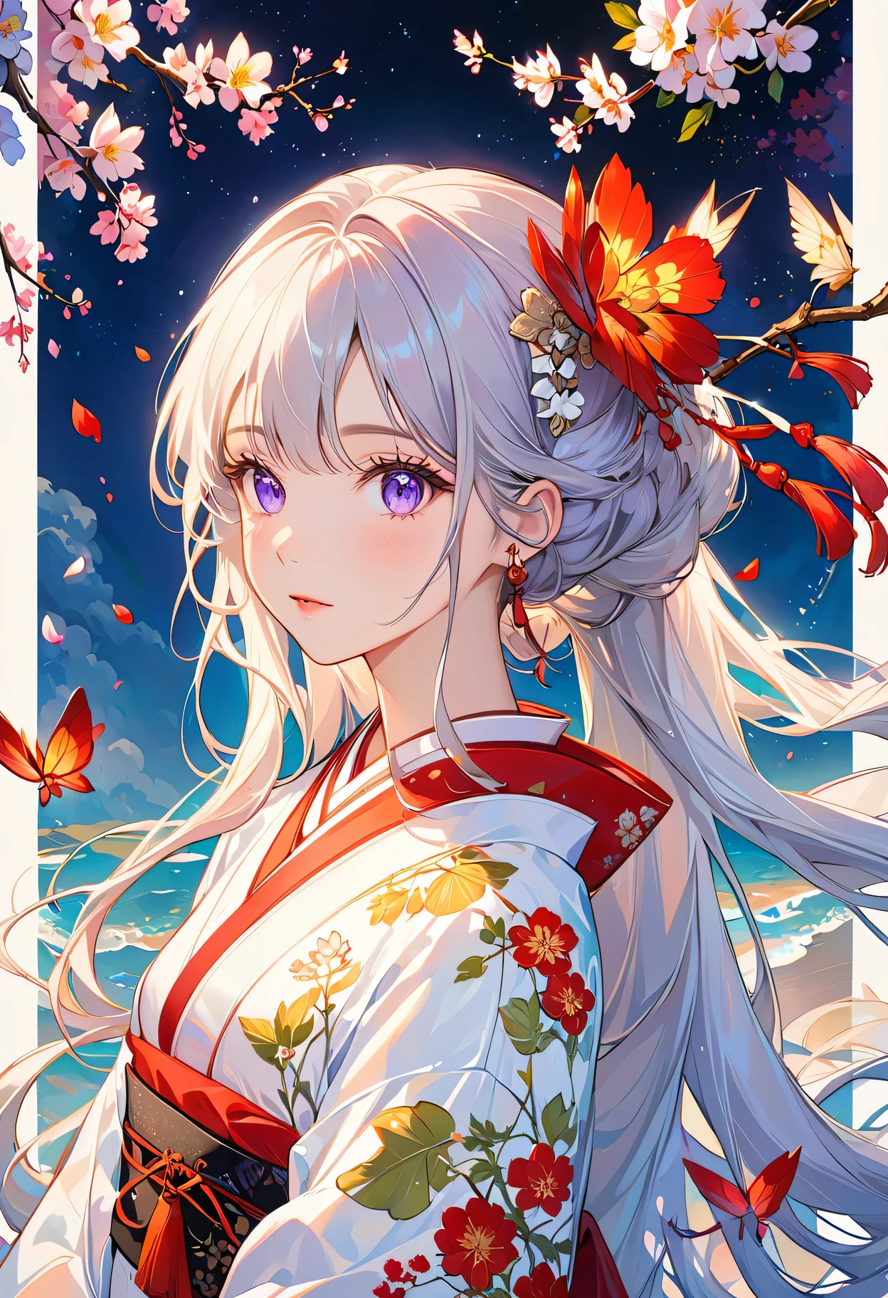 [（black background：1.5）：：0.25]，（hexagon：1.4），（Vivid colors：1.4）（Pop Art：1.4）、（Art Nouveau：1.1），night，Petals flutter，Moonlight，Elf girl with makeup，Wearing Kimono，Silver hair，Very long hair，Heterochromia of eyes，Violet eyes，（Pale complexion），Keep your mouth shut（masterpiece，quality，最佳quality，Official Art，Beauty and aesthetics：1.2），Very detailed，（Fractal Art：1.1），（Blooming flowers：1.3），（Tangle：1.2），（Dynamic poses），（Abstract Background：1.3），（Traditional Chinese embroidery fabrics：1.2）、（Skin Light）、（multiple colour：1.4）、（Ear nipple rings：1.4），（Decorative paintings：1.6，）、Light、Ink painting and ink painting，ink