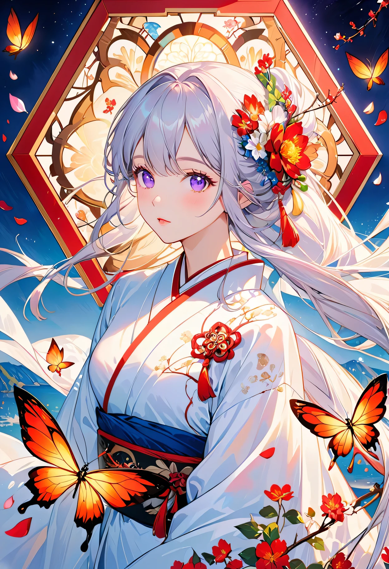 [（black background：1.5）：：0.25]，（hexagon：1.4），（Vivid colors：1.4）（Pop Art：1.4）、（Art Nouveau：1.1），night，Petals flutter，Moonlight，Elf girl with makeup，Wearing Kimono，Silver hair，Very long hair，Heterochromia of eyes，Violet eyes，（Pale complexion），Keep your mouth shut（masterpiece，quality，最佳quality，Official Art，Beauty and aesthetics：1.2），Very detailed，（Fractal Art：1.1），（Blooming flowers：1.3），（Tangle：1.2），（Dynamic poses），（Abstract Background：1.3），（Traditional Chinese embroidery fabrics：1.2）、（Skin Light）、（multiple colour：1.4）、（Ear nipple rings：1.4），（Decorative paintings：1.6，）、Light、Ink painting and ink painting，ink