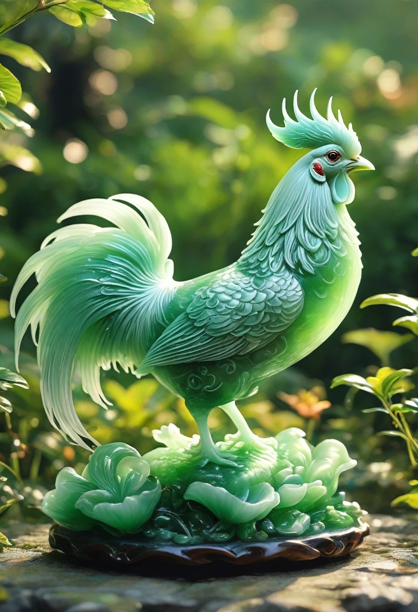 best quality, very good, 16K, ridiculous, Extremely detailed, Gorgeous cock,Made of translucent jadeite, Background grassland((A masterpiece full of fantasy elements))), ((best quality)), ((Intricate details))(8k)