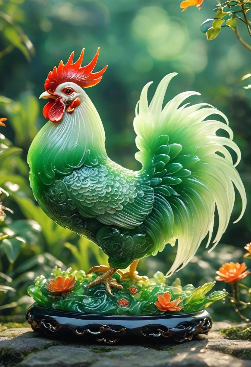 best quality, very good, 16K, ridiculous, Extremely detailed, Gorgeous cock,Made of translucent jadeite, Background grassland((A masterpiece full of fantasy elements))), ((best quality)), ((Intricate details))(8k)