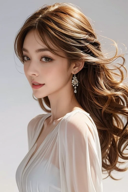 highest quality, Very detailed, masterpiece, 1 person,woman,(((完璧なwomanの体))),Very beautiful face, Very beautiful body,Gentle expression, Very beautiful eyes,(Perfect Makeup:1.1),Fashion Model,Curly Hair,Shaggy Hair,Candy-colored hair:1.3, Very thin body,Smart Abs, Chiffon blouse,A kind smile,Upper body portrait,(White background), (Shiny skin),(Earrings),