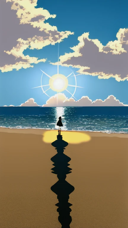 The light of the setting sun reflects fantastically from the seaside and scatters、Flying lights,Silhouette of a girl walking, ((Long Shadows))