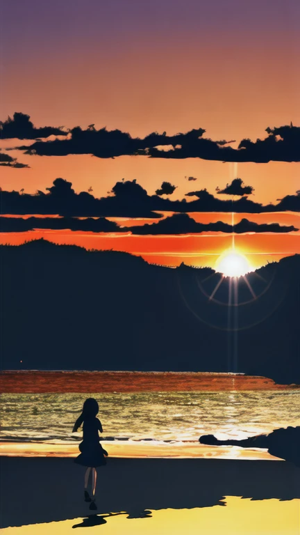The light of the setting sun reflects fantastically from the seaside and scatters、Flying lights,Silhouette of a girl walking, ((Long Shadows))