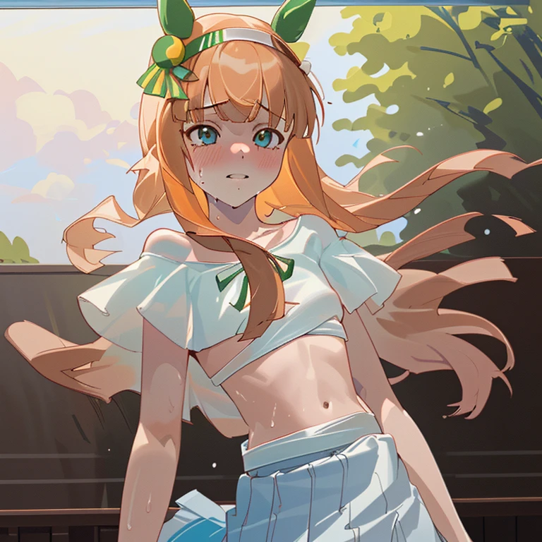masterpiece, 8K Wallpaper, highest quality, 1 Girl, Silence Suzuka, blush,Wear a skirt,Lift up the skirt,Embarrassed,Sweating profusely,Breathless,Horse Girl,No bra,No underwear,Flat chest,Flip up your skirt,excited,Beautiful Eyes,Transparent underwear,Clothes being taken off,Hotel,shoulder,side,Transparent clothes,Off the shoulder,Navel,Thighs,Lean back,Erect nipples,Completely naked