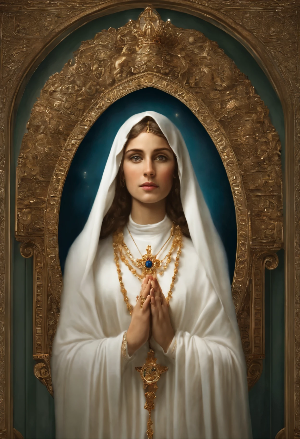 no fundo branco, the image of Our Lady of Fatima. She has a serene face and her eyes are closed and express calm and pity.. She has a long white veil that falls over her shoulders. Ela usa um manto branco que cobre todo o corpo (except the hands and feet) com detalhes dourados nas bordas (no colarinho e na cintura). Ela usa um colar com uma medalha milagrosa. She wears a gold Marian crown on her head (que tem uma cruz no topo). She holds a rosary in her right hand (que tem contas brancas e uma cruz dourada). The rosary is wrapped around the index finger and thumb. She is in a position of prayer. Her feet are bare in a white novem. The cloud is on top of a small bush-like tree, arte vetorial