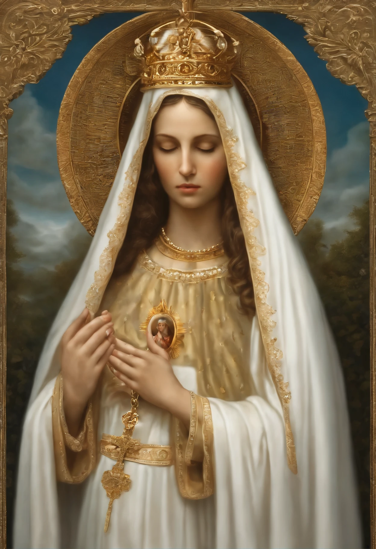 no fundo branco, the image of Our Lady of Fatima. She has a serene face and her eyes are closed and express calm and pity.. She has a long white veil that falls over her shoulders. Ela usa um manto branco que cobre todo o corpo (except the hands and feet) com detalhes dourados nas bordas (no colarinho e na cintura). Ela usa um colar com uma medalha milagrosa. She wears a gold Marian crown on her head (que tem uma cruz no topo). She holds a rosary in her right hand (que tem contas brancas e uma cruz dourada). The rosary is wrapped around the index finger and thumb. She is in a position of prayer. Her feet are bare in a white novem. The cloud is on top of a small bush-like tree, arte vetorial