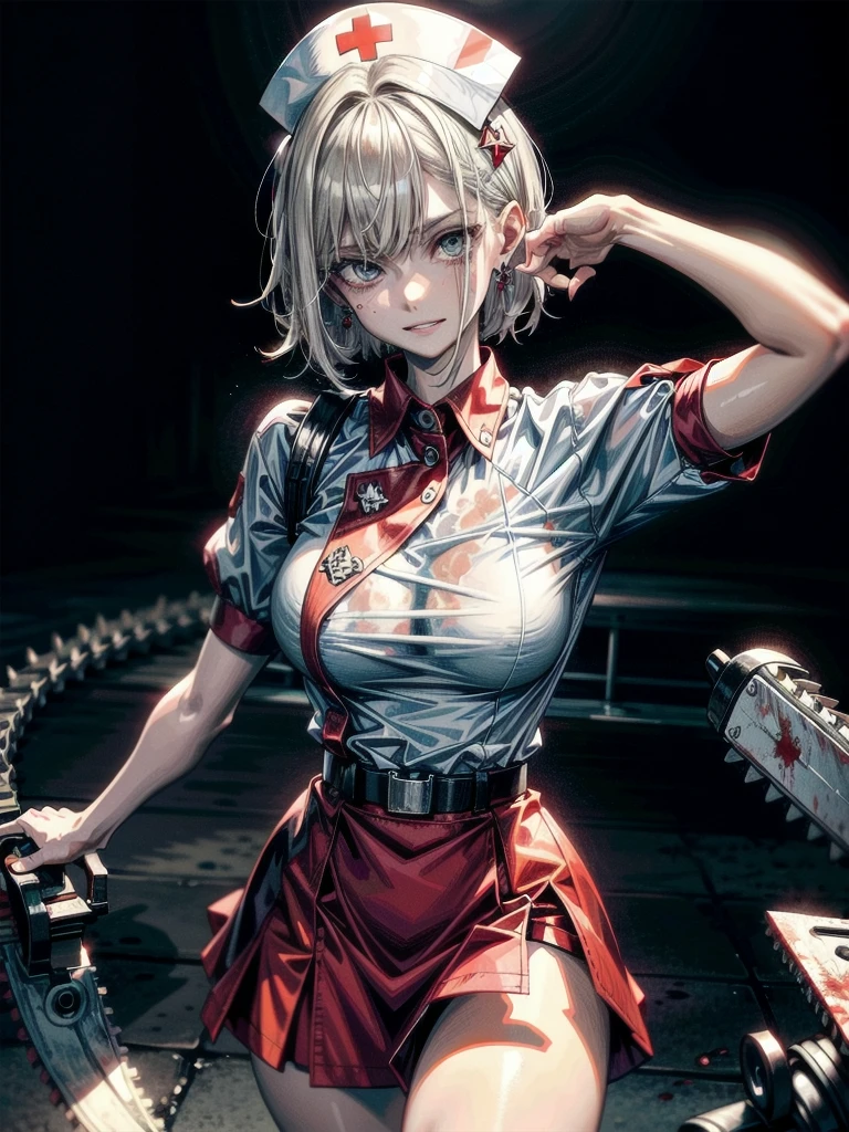 blood, blood splatter, blood on clothes, blood stain, hospital, ((nurse uniform)), (holding Chainsaw machine), absurdres, RAW photo, extremely delicate and beautiful, masterpiece, Best Quality, ultra high resolution, 32k, hyperrealistic, ultra-detailed, detailed description, pale skin, 20 years old, tearful mole, earring, Colossal tits, short medium hair, wavy hair, evil grin, whole body,